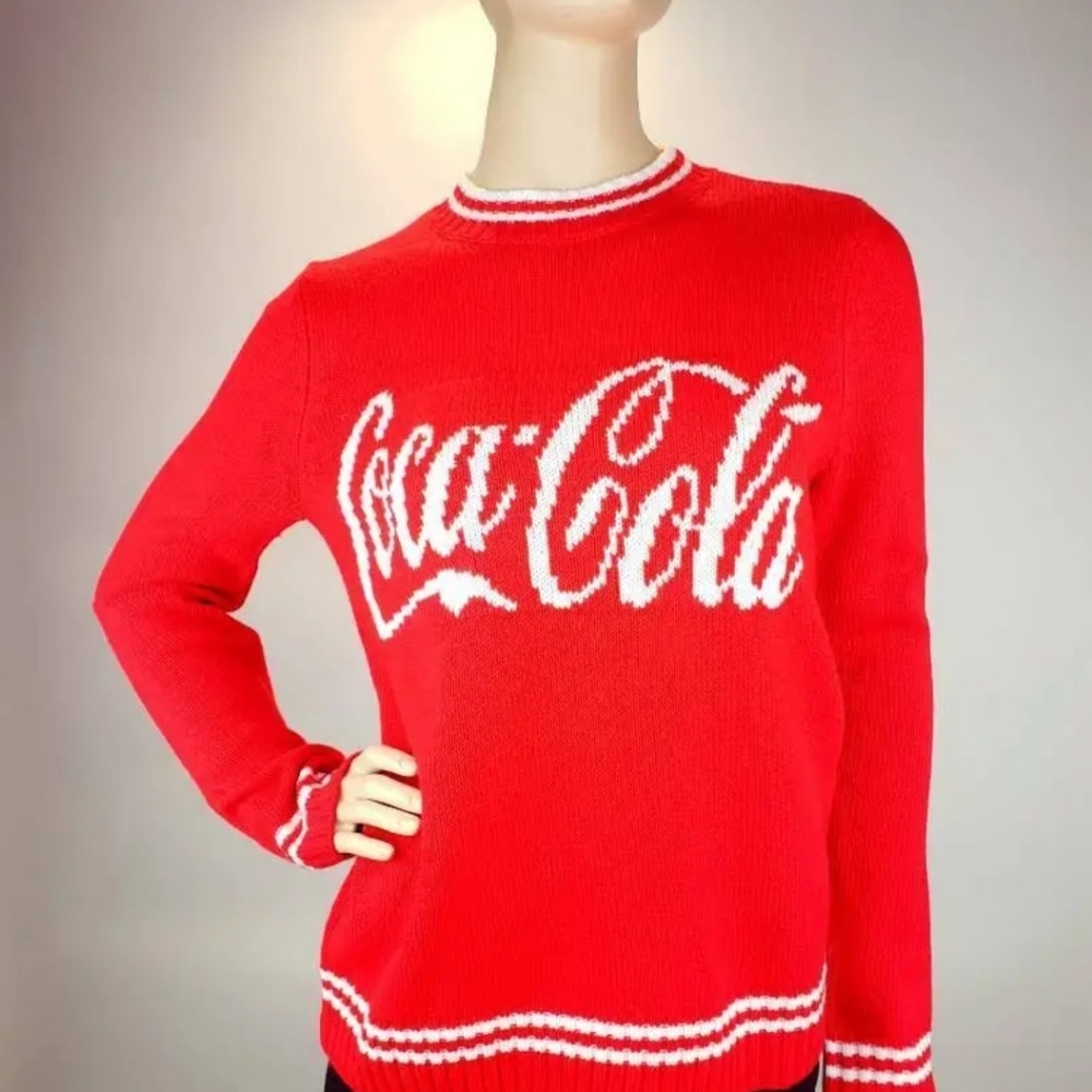 Coca Cola Womens Size S Pullover Sweater Red White Long Sleeve Ribbed Hem